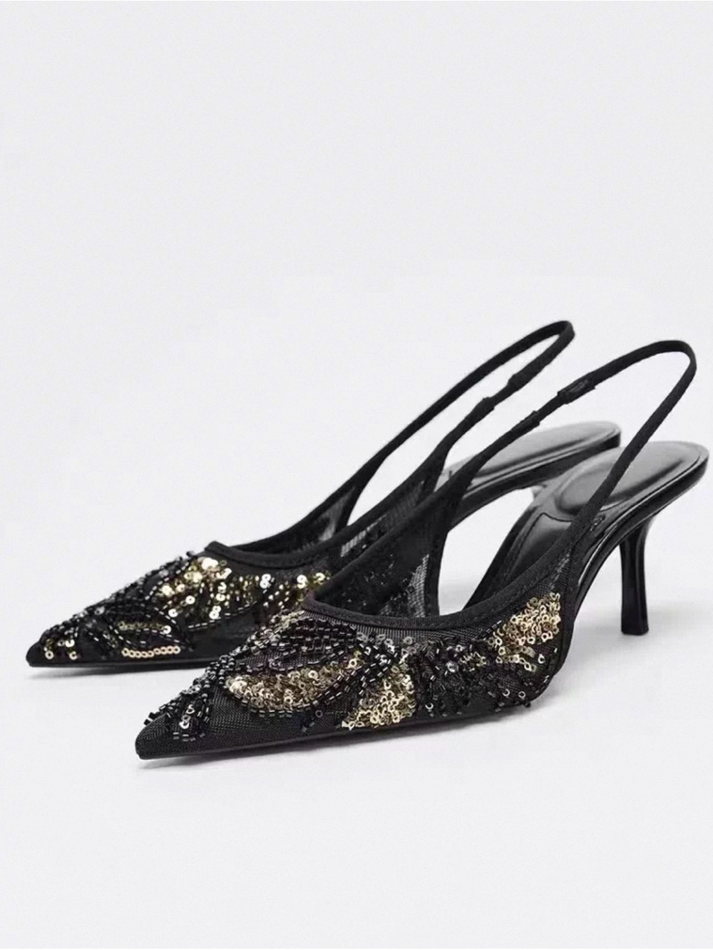 ZARA Black & Gold Sequin Pointed Slingback Heels